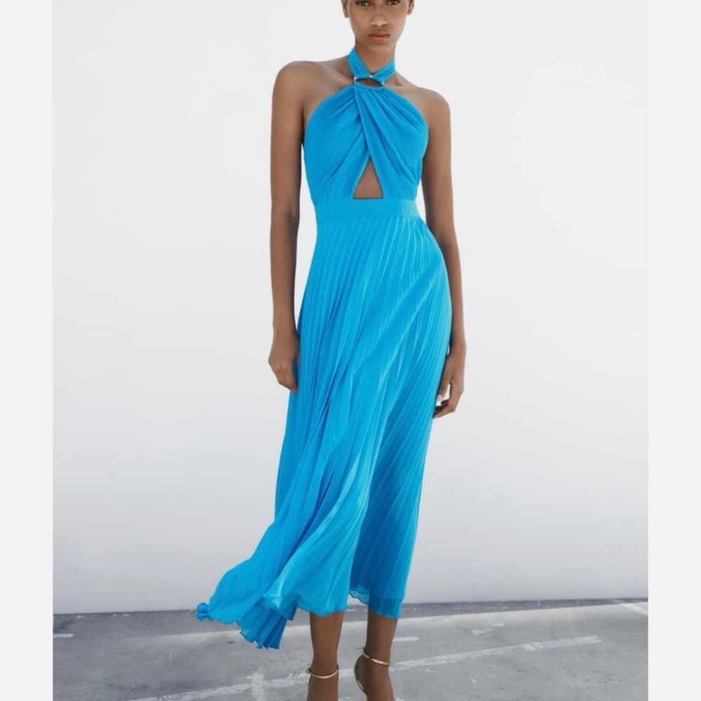 Zara Electric Blue Pleated Maxi Halter Dress